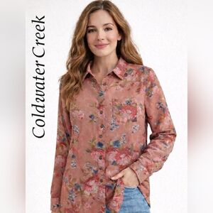 Coldwater Creek Floral Button Faux Suede Shirt Jacket Pink Rose Medium